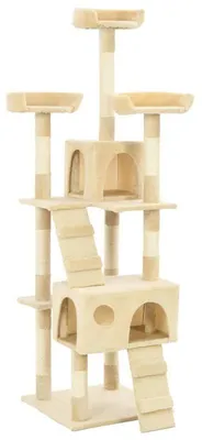 Image de Arbre à chat de 170 cm de hauteur, de couleur beige, avec deux maisons et des griffoirs