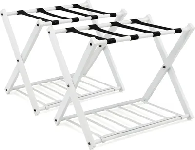 Produktbild von GOPLUS 2er Set Kofferständer klappbar, Gepäckablage aus Metall bis 60kg belastbar, Kofferablage mit darunter liegendem Schuhregal, Kofferhocker 64x43x58cm, Weiß