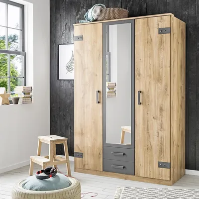 A bedroom scene with a wardrobe, window, and a stool.
