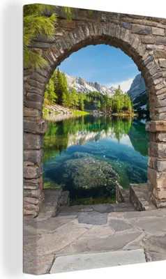 Produktbild von OneMillionCanvasses® - Leinwandbilder - 90x140 cm, Aussicht - Berg - Landschaft - Wasser, - Geöffnetes Fenster - Fensterblick Schlafzimmer Kunstdruck Wanddekoration - Foto auf Leinwand - Gemälde auf Holzrahmen - Wandschmucke - Schlafzimmer