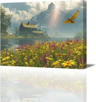 Produktbild von Famanu Leinwanddruck Landschaft Berge und Flüsse - moderne Wanddekoration für Wohnzimmer - 40 x 30 cm