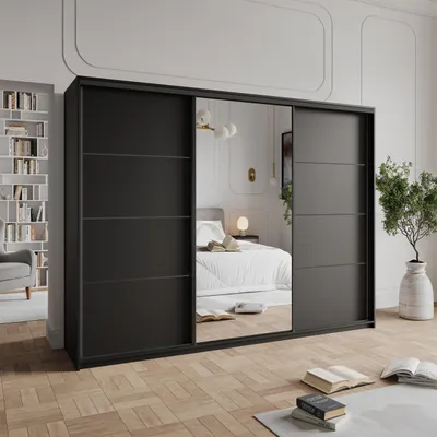 Produktbild von Masseno Schiebetürenschrank VARO 250/205/60 cm Kleiderschrank mit 4 Schubladen Schlafzimmer Schrank 3-türig mit Spiegel Schwarz
