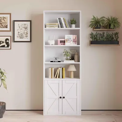 Produktbild von Zimilo Weißes Bücherregal mit Türen und Schublade, Standregal 180 cm Hoch, Schmaler Aufbewahrungsschrank für Wohnzimmer Büro Schlafzimmer