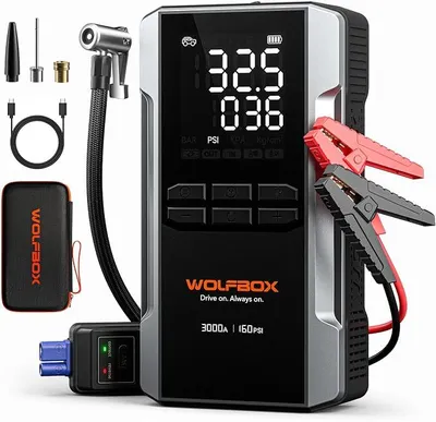 Obrázok produktu pre Powerbank 3000A na štartovanie automobilov s kompresorom, 160 PSI, 65 W rýchlonabíjanie, kapacita 59,2 Wh, vhodný pre motory s objemom 8 litrov (benzín) / 6 litrov (nafta), s LED displejom a núdzovým osvetlením 400 lúmenov