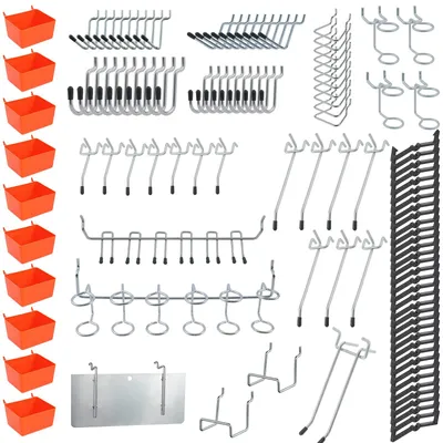 Image de 144 crochets muraux à perforations pour outils, crochets muraux à perforations, crochets muraux à perforations pour outils avec 10 paniers pour panneaux perforés, pour le rangement des outils
