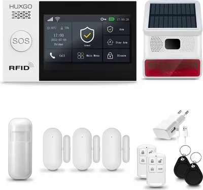 Produktbild von HUXGO HXA007 Alarmanlage Haus WiFi + GSM 4G mit Funk Sirene, Alarm System mit 1x Bewegungssensor und 3x Tür-Fenstersensor, Alarmanlage für Wohnung, Haus, Garage, Tuya Smartlife App