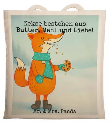 Produktbild von Mr. & Mrs. Panda Shopping Tasche Fuchs Keks Design - Weiß - Geschenk, Frieren, Weihnachten, Beutel, Weihnachtlich, Tote Bag, Liebe, Jutetasche, Jutebeutel, Winter, Füchse