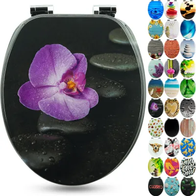 A toilet seat with a purple orchid and black stones design, shown alongside a collage of other toilet seat designs.