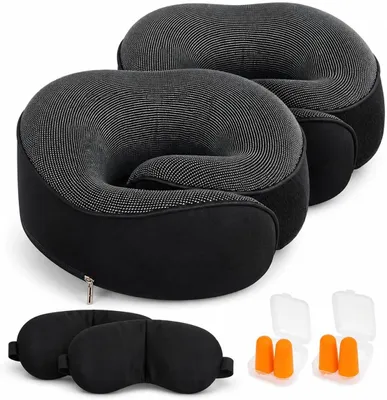 Obrázek produktu pro Cestovní polštář z paměťové pěny, černý, ergonomický polštářek na krk, sada s maskou na oči a špunty do uší, vhodný pro cestování letadlem