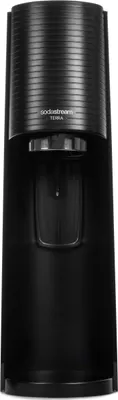 A black SodaStream Terra sparkling water maker is shown against a white background.