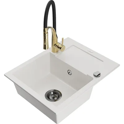 Obrázek produktu pro Mexen Enzo 1-miskový granitový dřez s odkapávačem a kuchyňskou baterií Aster, Bílá - 6506-20-73450-57-B