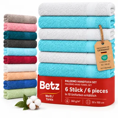 Produktbild von Betz Handtuch Set Palermo – 6er Pack Handtücher 50x100 cm – 100% Baumwolle, Handtücher für Bad, Gäste & Alltag – hochwertige Qualität -weiß und türkis