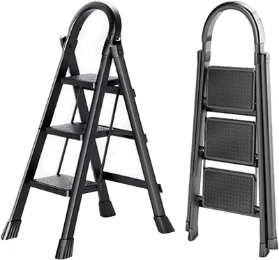 Produktbild von Faltbare Treppe - Aufstiegshilfe mit Handlauf - Sicheres Arbeiten im Haus - Rutschfeste, breite Stufen - 3 Stufen - Schwarz