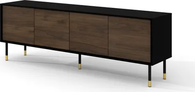 Produktbild von TV Schrank SHERWOOD 4D 180 cm SCHWARZ MATT / CATANIA EICHE gefräster Fronten MDF Lowboard auf Beinen Sideboard Kommode Hi-Fi Tisch Fernsehtisch