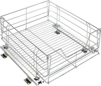 A wire basket drawer with sliding mechanisms, isolated on a white background.