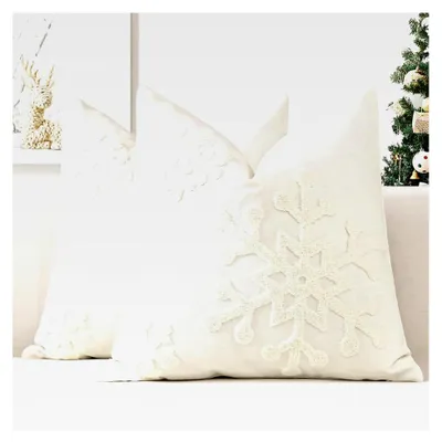 Produktbild von 2er Set Kissenbezüge Weihnachten, Dekorative Winter Schneeflocken Wurfkissenbezüge für Wohnzimmer und Schlafzimmer (50x50cm, Creme Weiß)