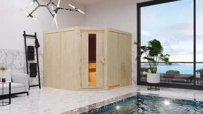 Produktbild von Karibu Sauna Innensauna Malin Eckeinstieg Ofen 9 kW integr. Strg 231x196x198 cm ohne Dachkranz mit Energiespartür