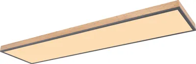 A rectangular ceiling light with a wooden frame and a beige illuminated panel.