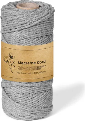 Produktbild von STANKE Makramee Garn 3mm 100 m Farbe Grau - Baumwollgarn für Boho-DIY, Körbchen, Traumfänger - Baumwollkordel für Girlanden, Untersetzer, Taschen - 100% Baumwolle, gedreht, weich, große Rolle