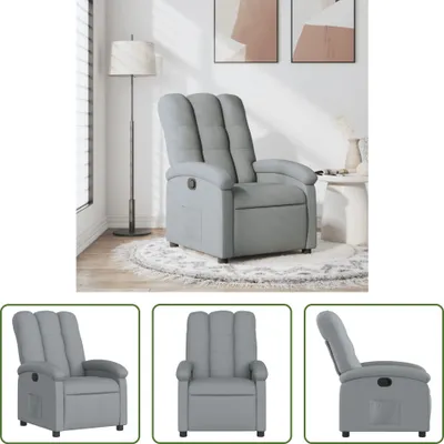 A collage of images showing a light gray fabric recliner chair from different angles, set in a living room environment.