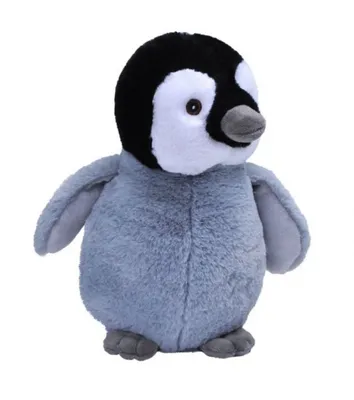 A studio shot of a plush toy penguin against a white background.