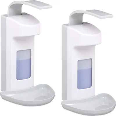 Produktbild von Relaxdays Desinfektionsspender, 2er Set, 500 ml, für Desinfektionsmittel & Seife, Eurospender mit Tropfschale, weiß/grau
