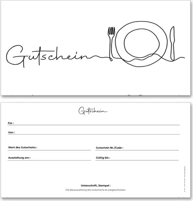 A two-part image showing a stylized drawing of cutlery and a plate on the top part, and a blank voucher template on the bottom part.