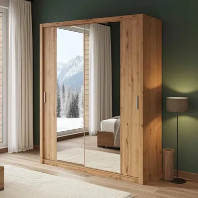 Productafbeelding van Schuifdeurenkast Zenit, 200 cm, slaapkamerkast, schuifdeurenkast, kast (kleur: Artisan eikenhout, met spiegel)