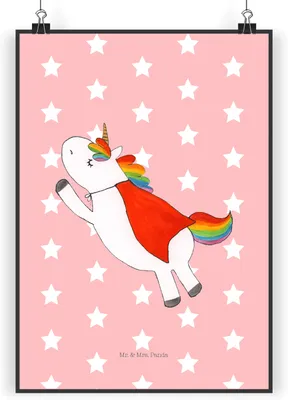 Produktbild von Mr. & Mrs. Panda Bild Einhorn Super DIN A5 - Rot Pastell - Geschenk, drucke, Unicorn, Wanddekoration, Einhörner, Wandbild, Freundin, wanddeko, Held, Superheld, Plakat
