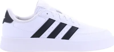A side view of a white Adidas sneaker with black stripes.