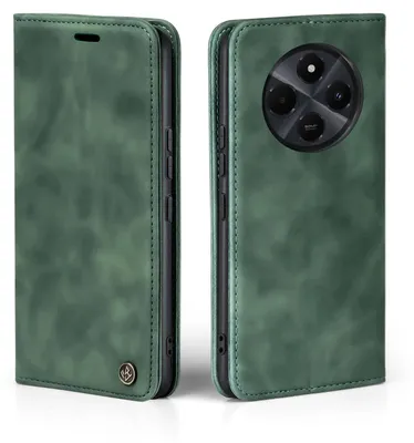 A green flip cover phone case is shown from two angles.