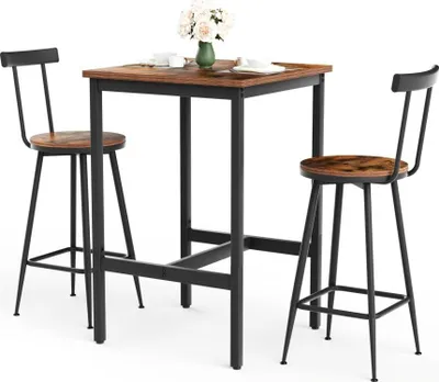 Immagine prodotto di Set tavolo da bar rustico marrone/nero 60x60x92 cm con 2 sgabelli 39x39x91,5 cm, design industriale, salvaspazio e stabile