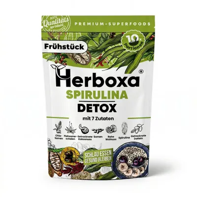 Produktbild von Herboxa Spirulina Detox Pulver - Pflanzliche Superfood Frühstücksmischung mit Spirulina Chiasamen Hanfsamen und Ballaststoffen - 10 Portionen