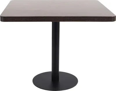A square bistrot table with a dark brown top and a black pedestal base is shown against a white background.