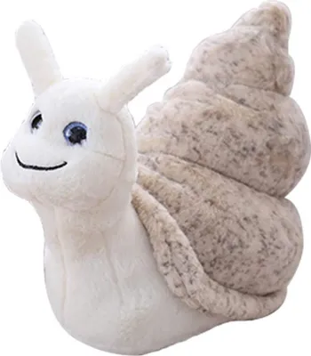 A plush toy snail is shown against a white background.