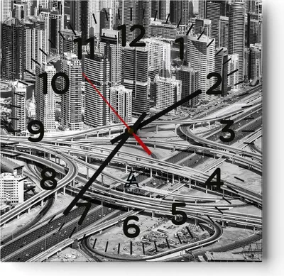 Produktbild von Wanduhr - Quadrat - Glasuhr - Stadt Wolkenkratzer Autobahn - 40x40cm - Schleichendes Uhrwerk - Lautlos - zum Aufhängen bereit - Dekoration Modern - Wanddekoration aus Glas - C4AC40x40-5065