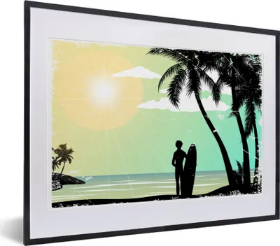 Produktbild von MuchoWow® MuchoWow® Gerahmtes Poster Strand - Palme - Sonne - Surfbrett 40x30 cm - Poster mit zchwarzem Bilderrahmen - Bilderrahmen - Poster im Rahmen