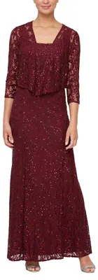 Produktbild von Alex Evenings Damen-Abendkleid in Langer Ausführung mit Spitzenjacke, Wein, 46