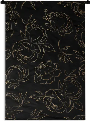 Produktbild von MuchoWow® Wandteppich Wandbehang Blumen - Gold - Muster - Rose - Linienkunst 60x90 cm Tapisserie Dekoration Wandtuch - Foto-Teppich - Abwaschbar