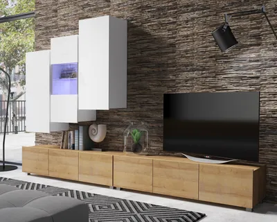 Produktbild von Wohnwand Amanda IX Oberschrank 300cm Wohnzimmer-Set Vitirne tv-Schränke viel Stauraum (Weiß matt + Weiß Hochglanz Fronten / Goldene Eiche)