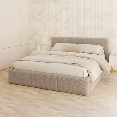A bedroom scene with a bed as the main focus.