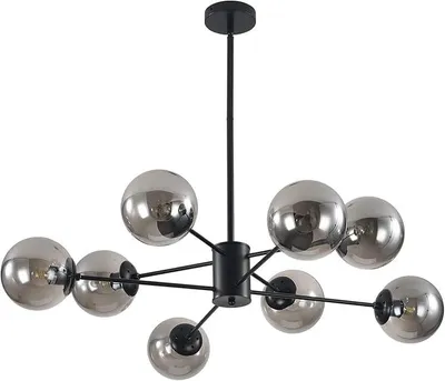 Produktbild von Lighting Moderner Sputnik-Kronleuchter mit Glaskugel - 8-flammig, Mitte des Jahrhunderts, Schwarz + Rauchgrau, Industrielle Pendelleuchte im Bauernhaus-Stil