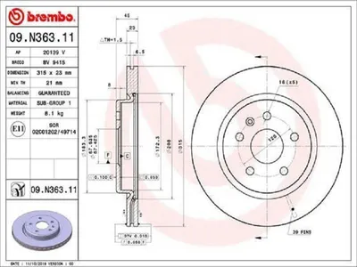 Produktbild von 2x BREMBO Bremsscheibe 09.N363.11 für OPEL INSIGNIA Caravan INSIGNIA CC 45mm
