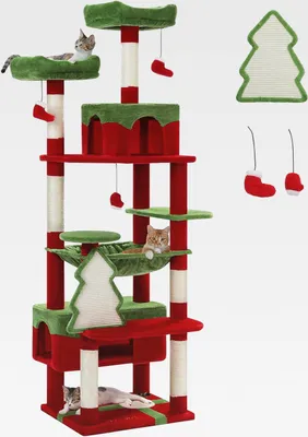 Produktbild von Weihnachtskatzenbaum, 180 cm, Katzenturm mit Sisal-überzogenem Kratzbaum, 2 gepolsterten Sitzstangen, Doppelhaus und Korb für Hauskatzen, großer Kratzbaum für große Katzen, Rot