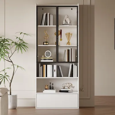 Obrázek produktu pro Skleněná vitrína s zásuvkou, rozměry 80x34x180 cm, skleněné dvířka, bílá barva, materiál: MDF a sklo, LED osvětlení s ovládáním přes aplikaci, vhodná do obývacího pokoje