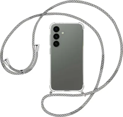 Produktbild von Handykette Backcover-Schutzhülle mit Band (Metall silberfarben) für Samsung Galaxy S24 - weiß/grau kariert