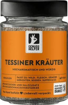Produktbild von Tessiner Kräuter Gewürzmischung, gemahlen, ideal für Pilzgerichte, leckere Würze für cremige Saucen, 60g im Glas