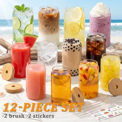 Produktbild von Gläser mit Strohhalm und Bambusdeckel - 12er-Set - 401–500 ml - Wiederverwendbar - Für Partys - Für Limonade, Saft und Cocktails