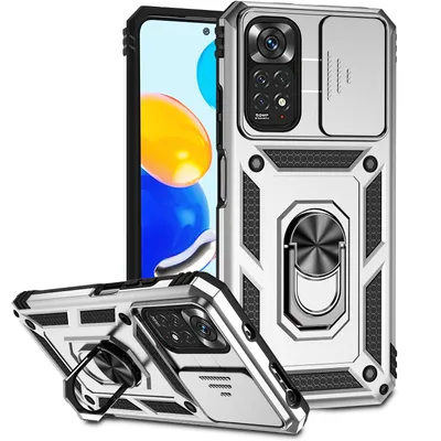 Immagine prodotto di Custodia per Xiaomi Redmi Note 11 / Note 11S a doppio strato con copertura scorrevole della fotocamera e supporto ad anello Argento