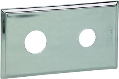 A rectangular metal plate with two circular holes, likely a cover plate for plumbing fixtures.